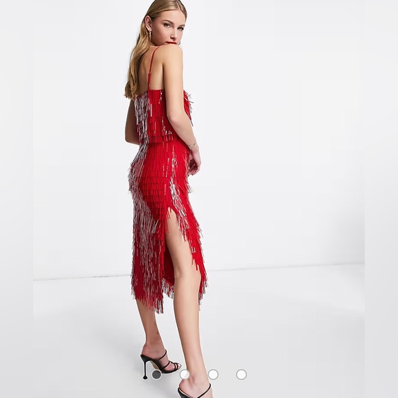 NWT ASOS DESIGN shard detail midi dress with sheer waist detail in red size US 4 - Picture 5 of 9